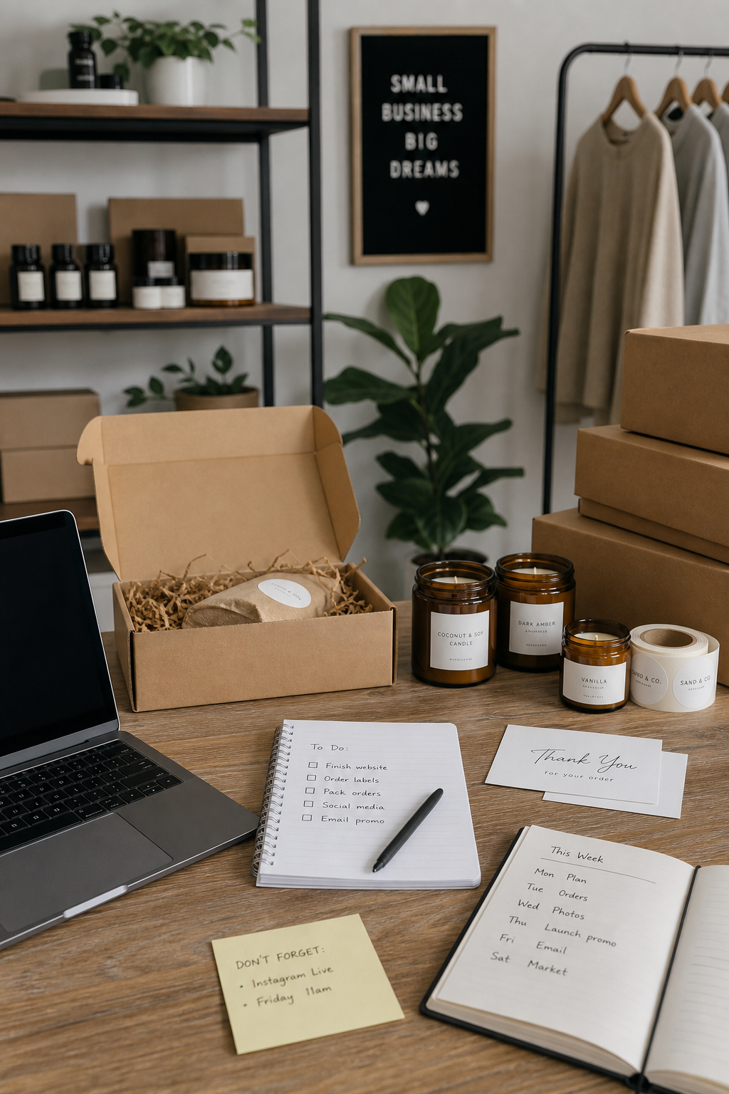 Realistic vertical photo showing a polished small business workspace with products, packaging, and planning materials