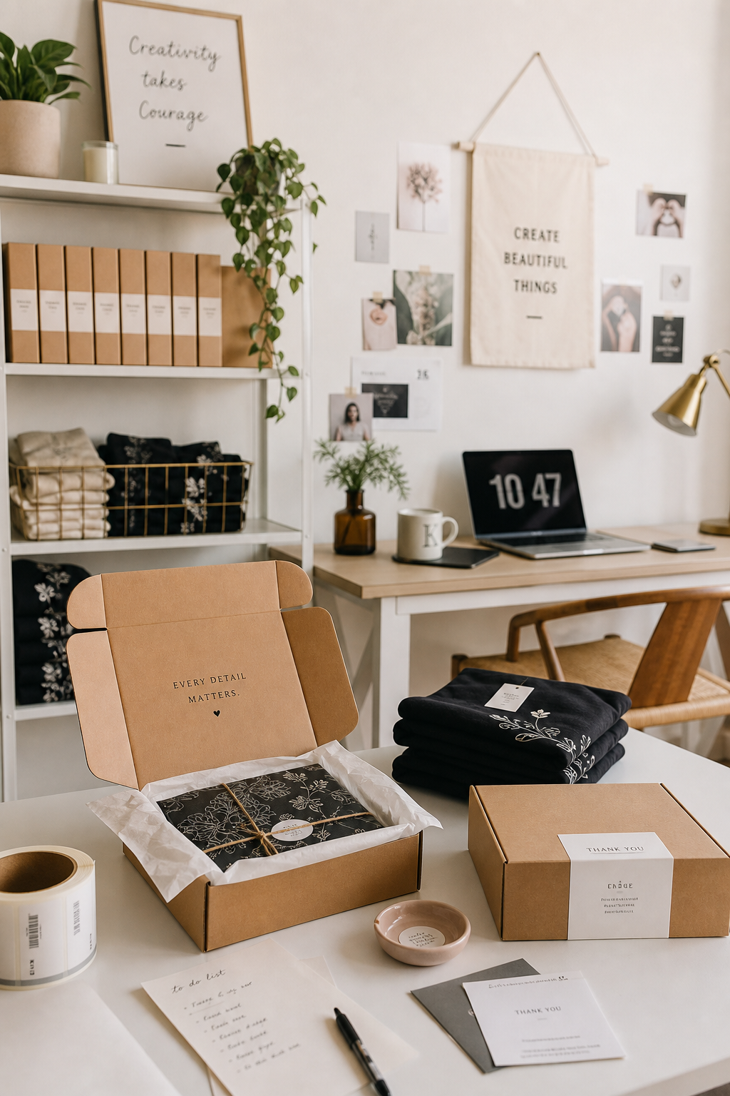 Vertical photo of a home studio setup for a creative product business with packaging and styled inventory