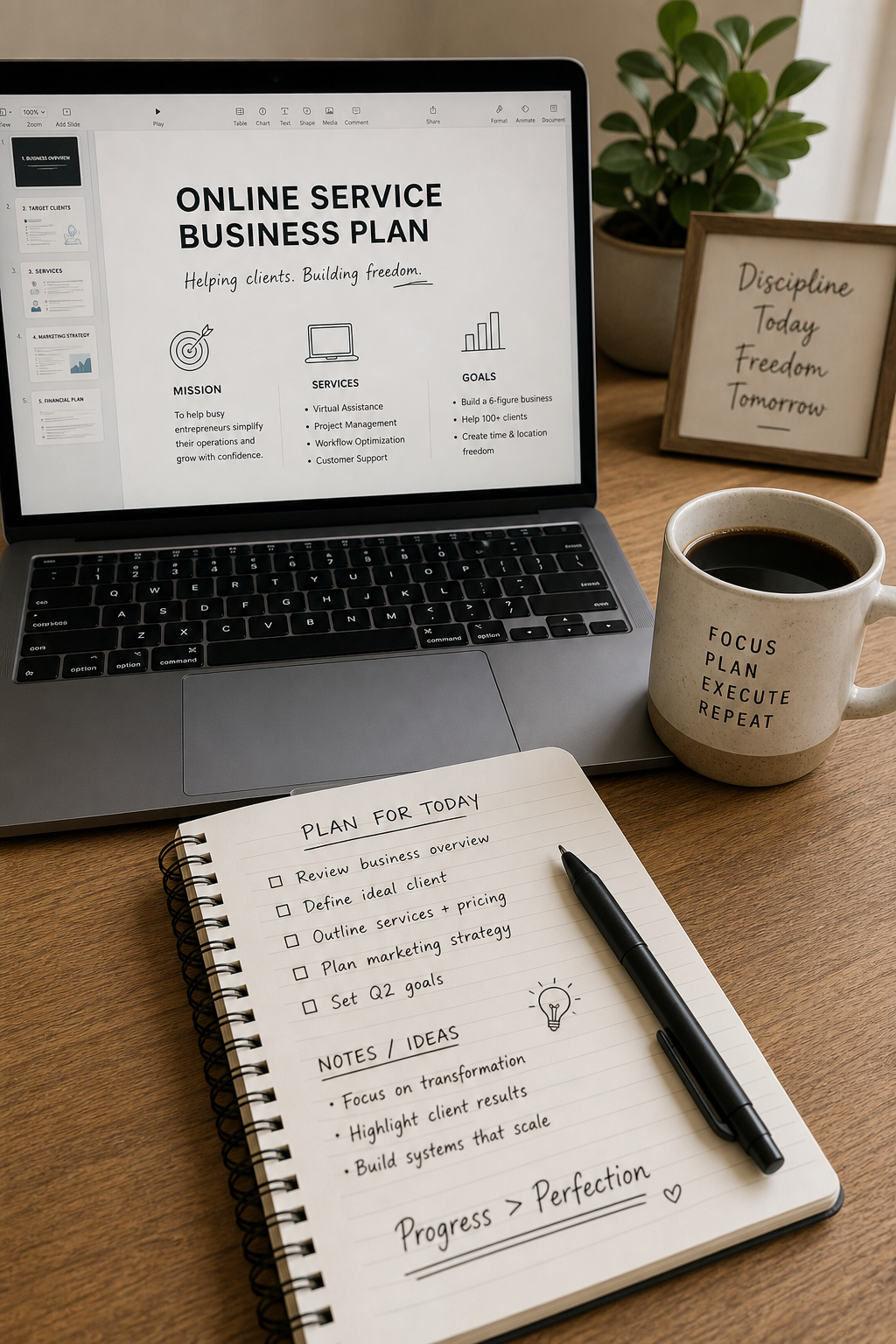 Vertical photo of a laptop, notebook, and coffee for an online service business planning session