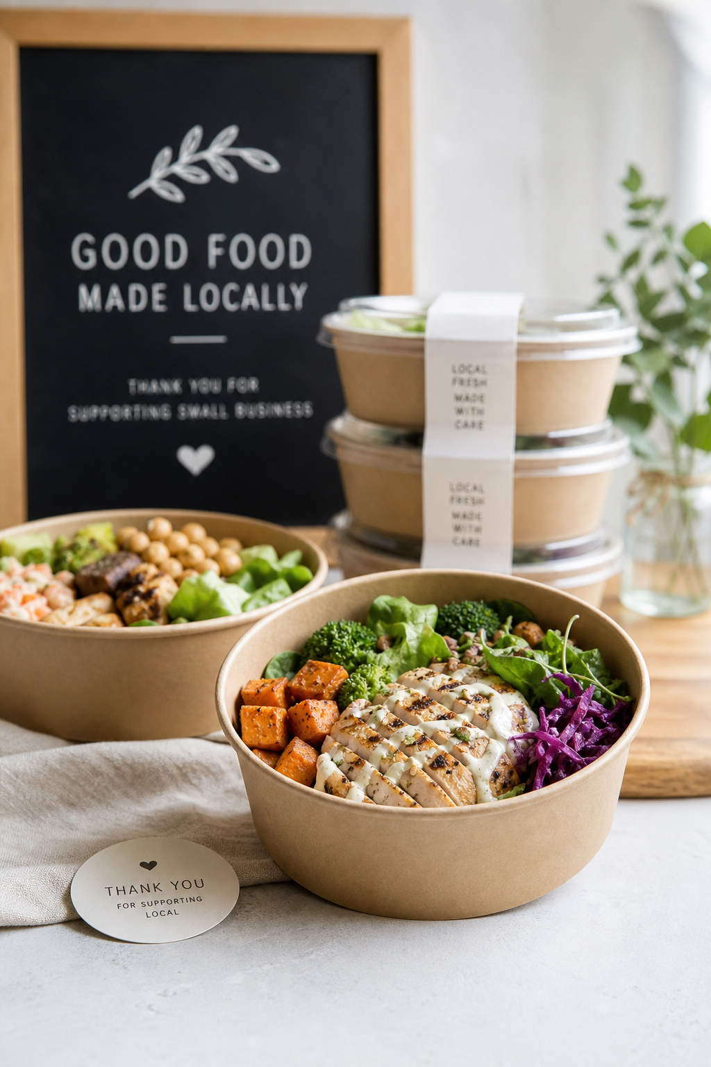 Vertical photo of a modern food preparation concept for a small local business with clean styling