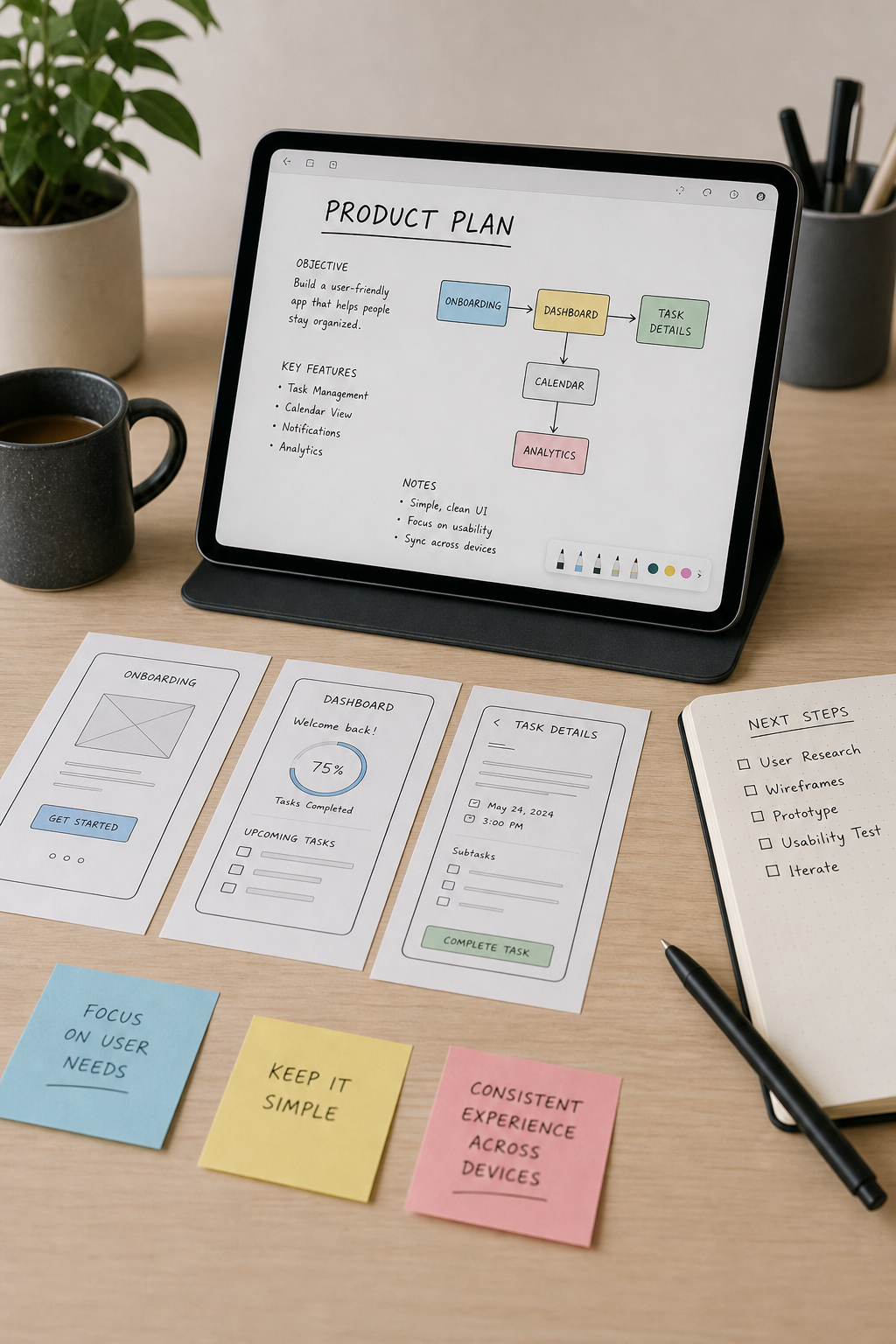 Vertical photo of digital product planning with tablet, mockups, and clean desk arrangement