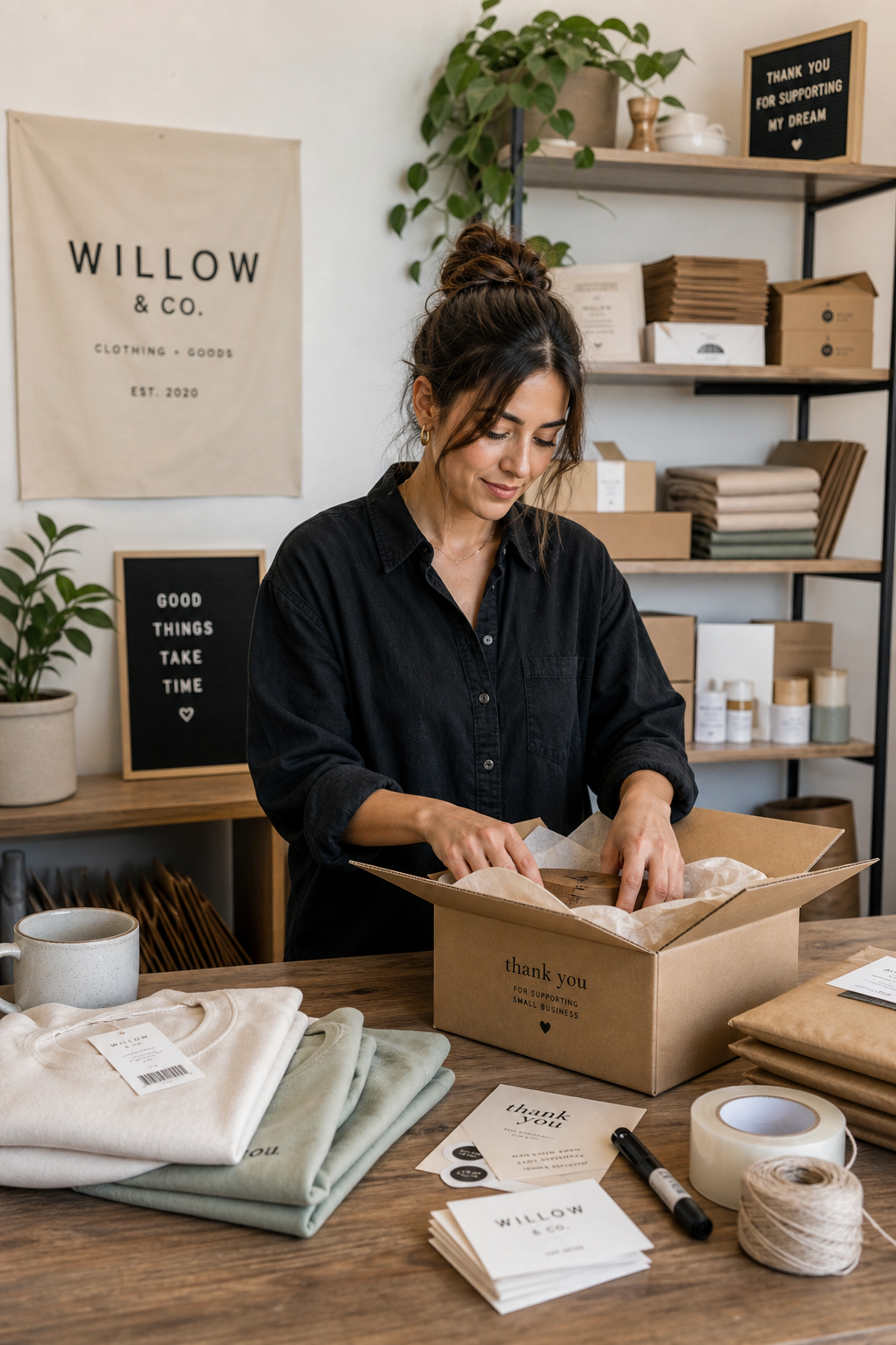 Vertical photo of a small e-commerce brand organizing inventory and shipping supplies