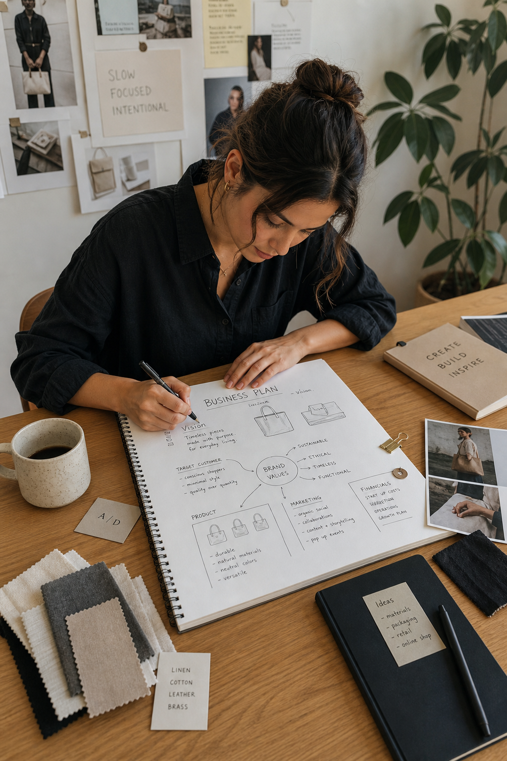 Vertical photo of a founder sketching a business plan with samples, notes, and a clean creative table